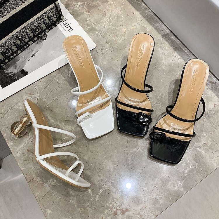 Vormige Hoge Hakken Sandalen Zomer Witte Vierkante Teen Dames Schoenen Transparant Kristal Hak Slippers Vrouwen Luxe Sandalen