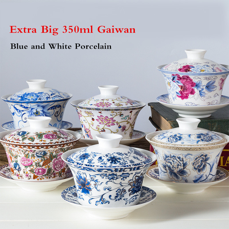 350ml Extra Big Sancai GaiWan Chinese Old Beijing Tea Bowl Jingdezhen Blue and White Porcelain Tea Cup and Saucer Set