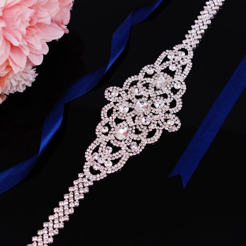 Bridal Belts with Silver Diamond Crystal Bridal Wedding Accessories Belts for Women Wedding Gown: Dark Blue Belt