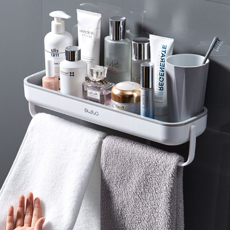 Wall-mounted Bathroom Rack Storage Rack With Towel Rod For Kitchen Household Organizer For Bathroom Accessories Without Drill