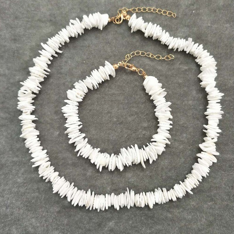 Rainbery White Shell Nugget Irregular Gravel Chips Beads High Grade Women Weddings Oarty Chian Necklace: set / silver