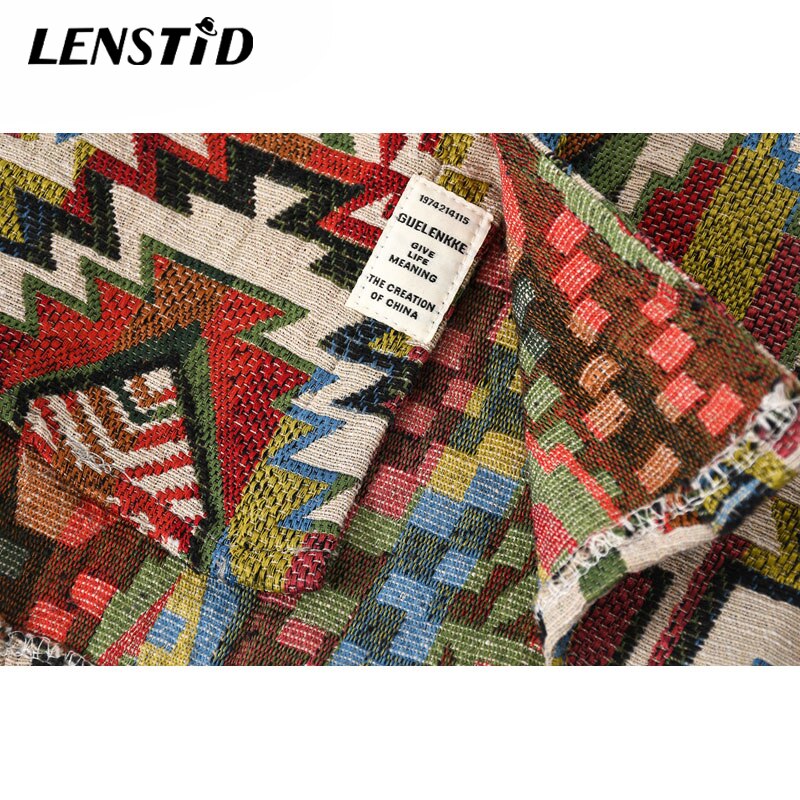 LENSTID Men Hip Hop Long Sleeve Knitted Shirt National Style Geometric Pattern Harajuku Streetwear Vintage Casual Loose Shirts