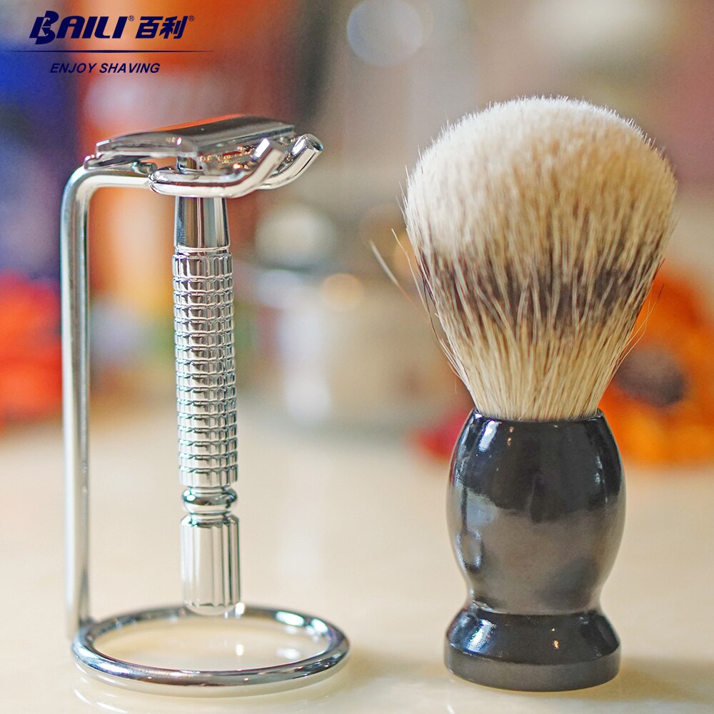BAILI Manual Safety Razor Silver Classic 3 Piece Double Edge Wet Shaving Men Shaver Women Hair Removal with Free Platinum Blades