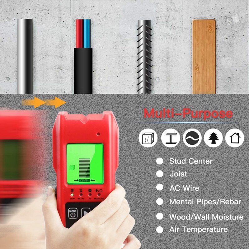 7 in 1 lcd-scherm stud finder sensor wanddetector voor hout metalen studs wisselstroomdraad vocht temperatuur detectie