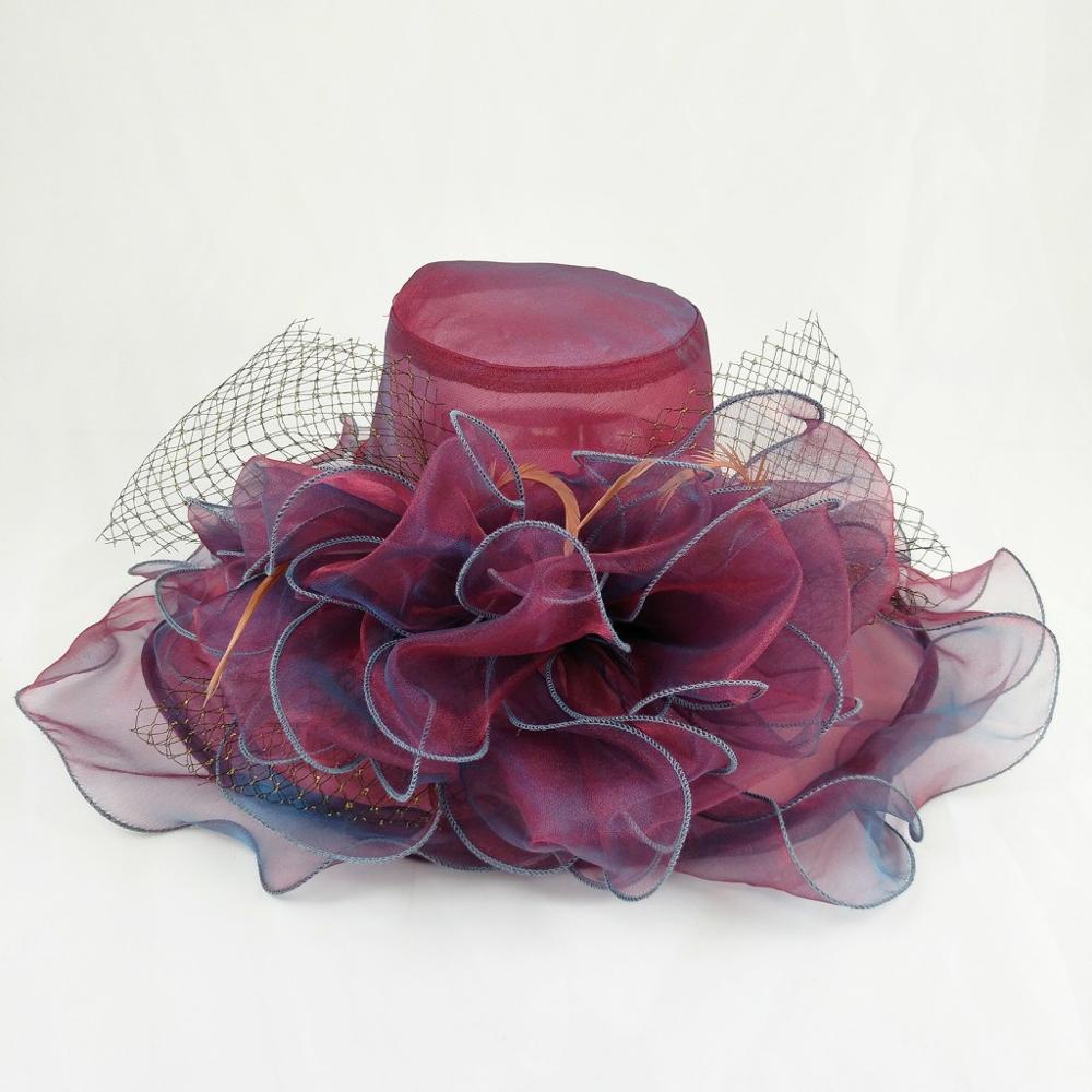 Wedding Hats For Bride Evening Organza Flower Sun Hat chapeau de mariage Wedding Accessories YSAN612: burgundy