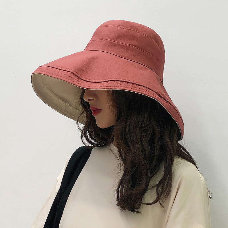 Anti-uv bred skygge bomuld linned solhat til kvinder ferie sommer panama foldbar spand hat stor skygge koreansk strand solhat: Vandmelon rød