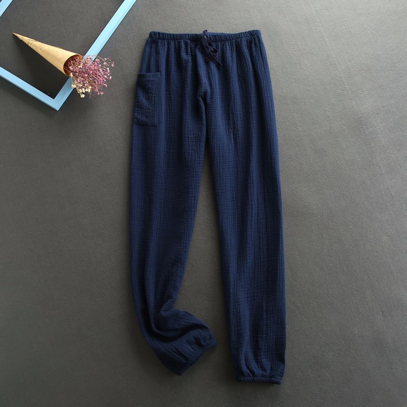 Pantalones de dormir de crepé de algodón para mujer, ropa de dormir de color sólido, pantalones de dormir de cintura elástica, pantalones de noche de salón, novedad de otoño: Navy / XL