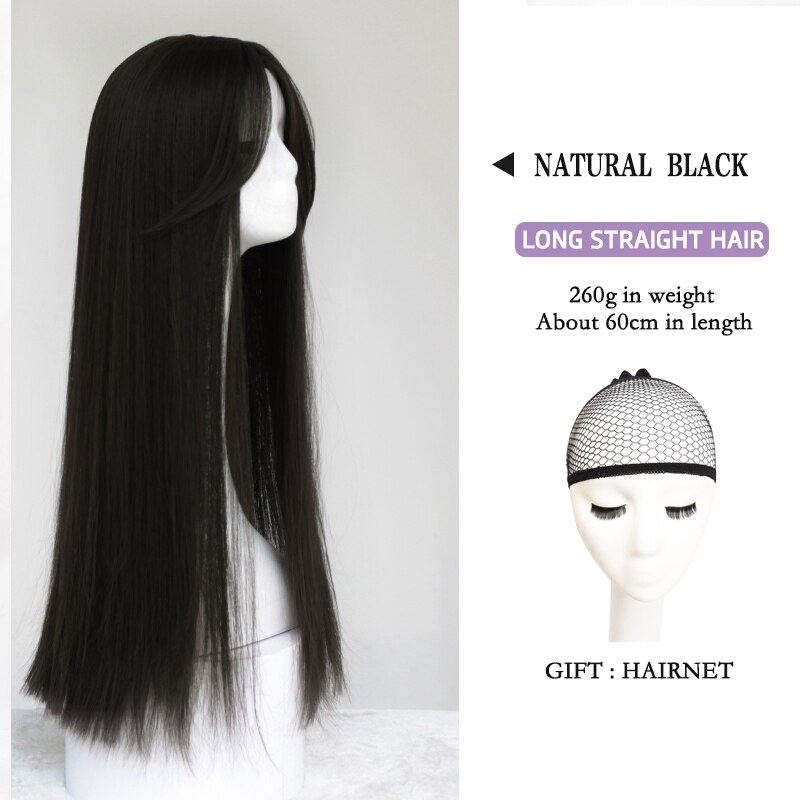 LANLAN-Peluca de cabello largo liso para mujer, estilo coreano, con flequillo centrado en el temperamento, Lolita, invisible, sin costuras, realista, de longitud media: 2