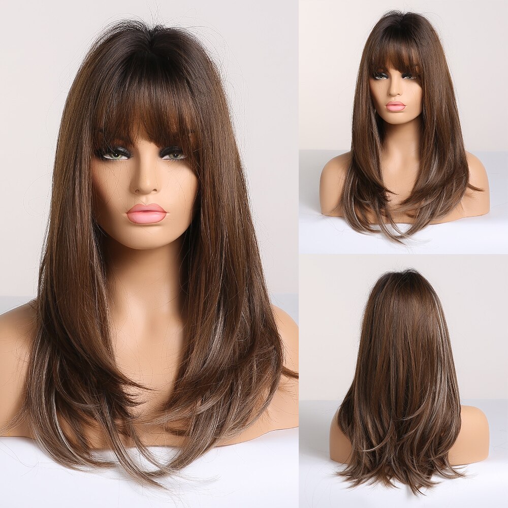 Easihair Medium Lengte Donkerbruin Rechte Synthetische Pruiken Met Pony Voor Vrouwen Bob Pruik Hittebestendige Cosplay Party Pruik Dark pruik: LC252-1