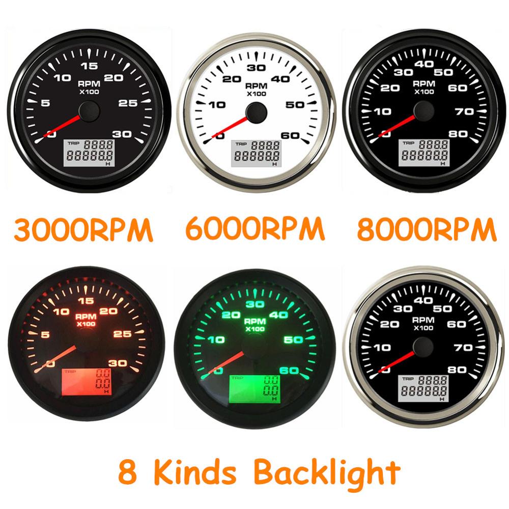 1pc Lowest Price 85mm Automotive Tachometers 0-3000RPM 6000RPM 8000RPM Ships Device Rev Counter with Hourmeter 8 Kinds Backlight
