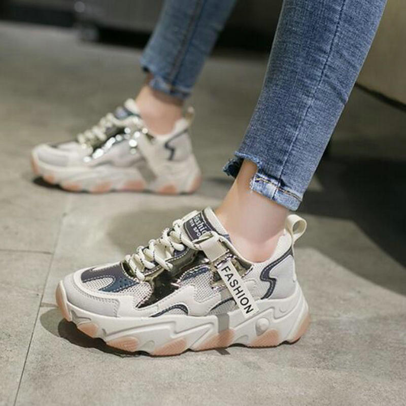 Kvinders chunky sneakers kvinder platform sko snøre åndbare luft sko kvinder kvindelige trænere far sko