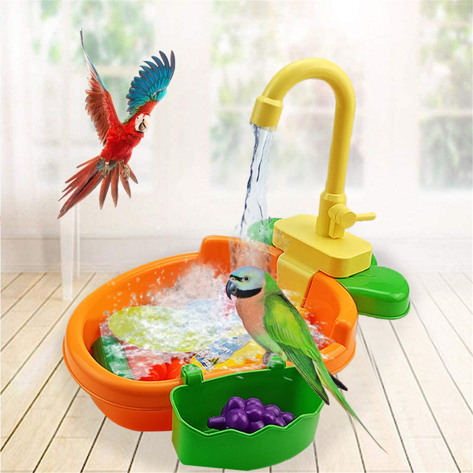Birds Automatic Bathtub Bird Bath Tub Parrot with Faucet Bird Shower Bathing Tub Bird Feeder Bowl Parrot Automatic Bathtub Pool