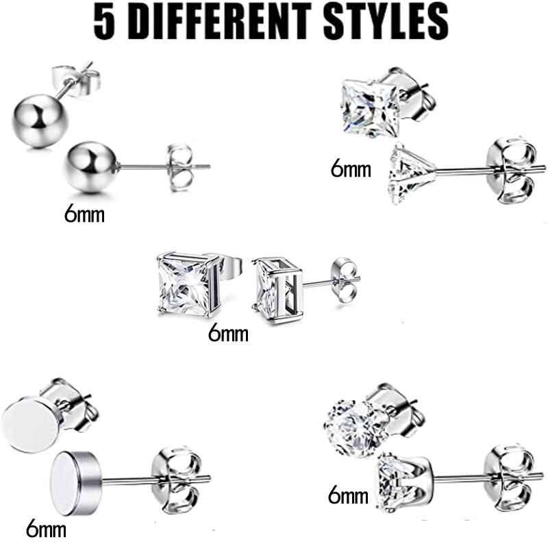 10 Pairs of Stainless Steel Stud Earrings Unisex Round CZ Earring Set Steel Color Black 6mm