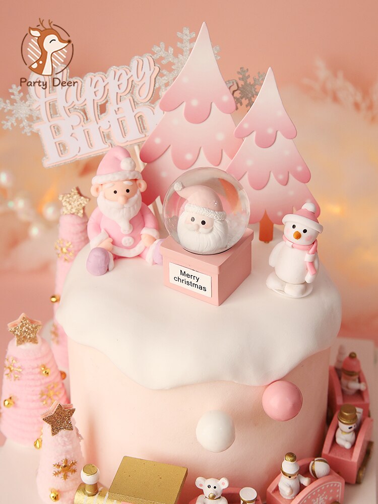 Pink Christmas Tree Bear Santa Claus Xmas Cake Topper for Birthday Party DecorationLove Baby Shower Baking Supplies