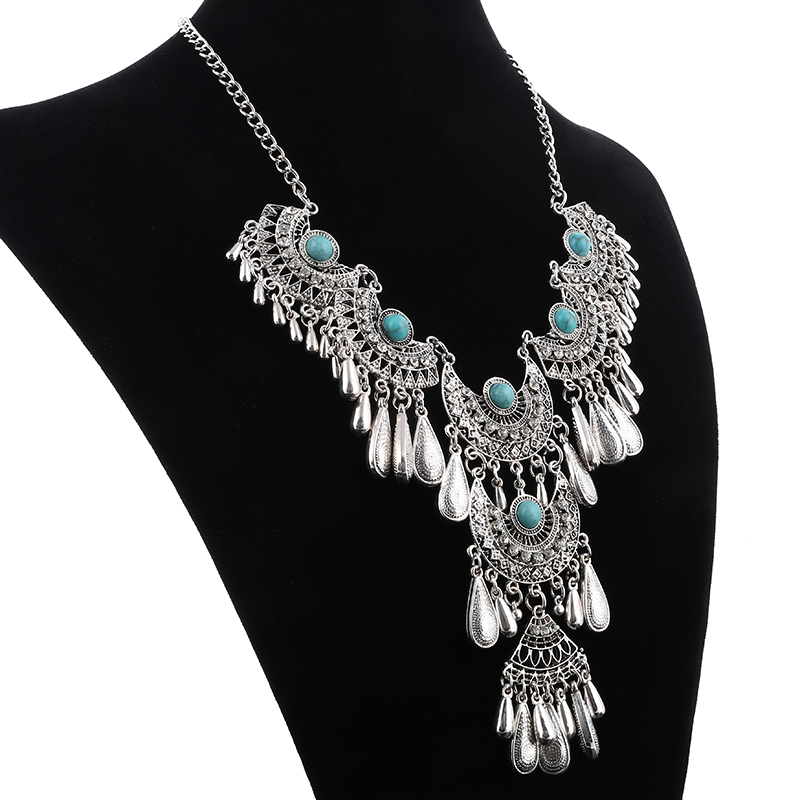 Collares llamativos étnicos exagerados Vintage para mujer, collares con borlas de gota de agua talladas de Color plata antigua, joyería Bohemia
