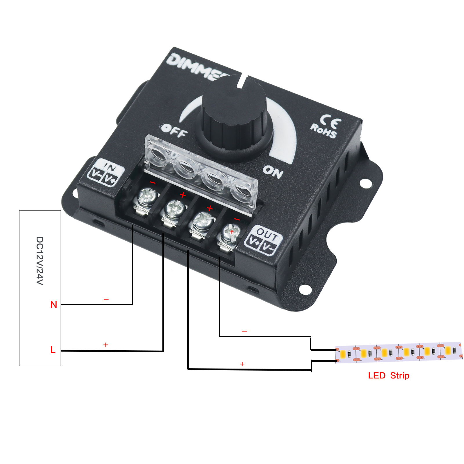 30A LED-Dimmer-Controller DC12-24V für LED-Einfarb-Beleuchtungsschnurstreifen 360 W manuelles Dimmen mit 3-Tasten-RF-Funkfernbedienung