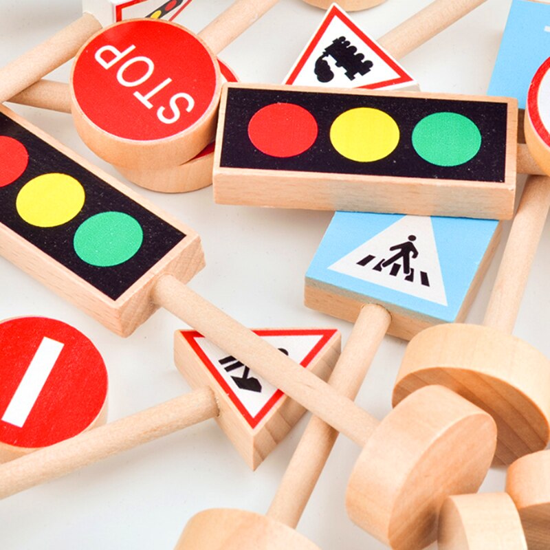 16PCS Colorful Wooden Street Traffic Signs Parking Scene Kids Children Educational Toy Set For Kids Birthday