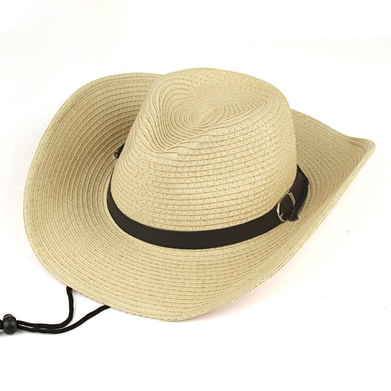 Western Cowboy Hat Simple Straw Hat with Windproof Rope &amp; Sweat Absorbent Inner Band All-match for Street Strolling