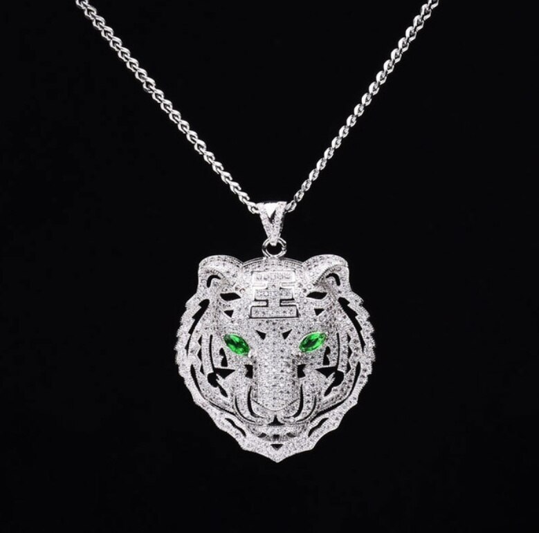 Udsøgt skinnende zirkon indlagt tiger vedhæng halskæder dyr form mænd hip hop smykker: Sølv