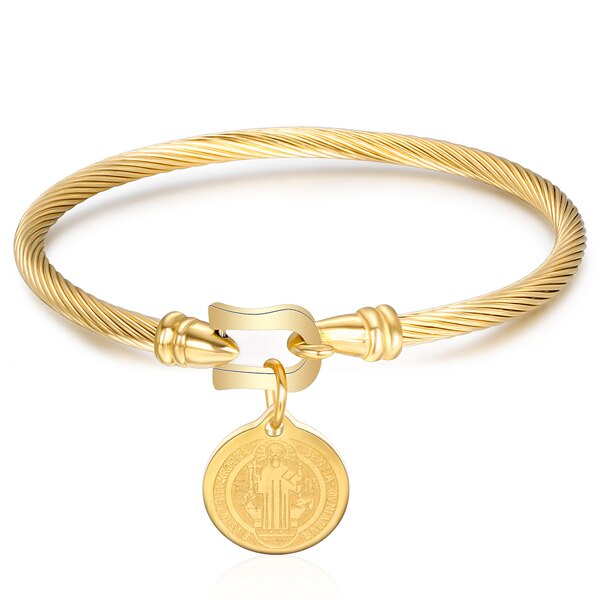 Cuff Bracelet Bangles With Saint Benedict Charm Pendant Syainless Steel Wire pulseira Jewelry Bracelets For Women: gold