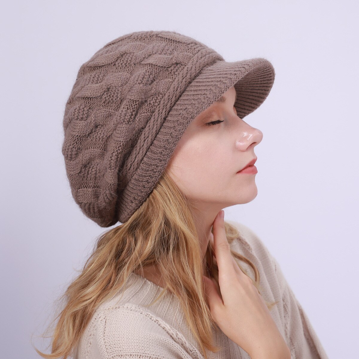 Autumn Winter Women Warm Beret Hats Knitted Berets Female Plush Beanies Hat Outdoor Lady Rabbit Wool Knit Flap Caps