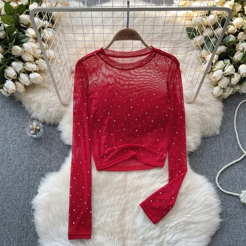 Kvinder hotsweet chic rhinsten mesh transparent lange ærmer sexet crop top slank sexet koreansk t-shirt efterårsskjorte til kvinder: Rød