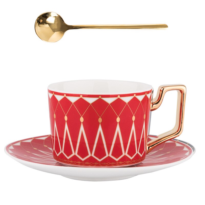 British Style Luxury Moroccan Coffee Cup and Saucer Set with Gold Handle 220ml Ceramic Afternoon Tea Cup Porcelain Drinkware: Red