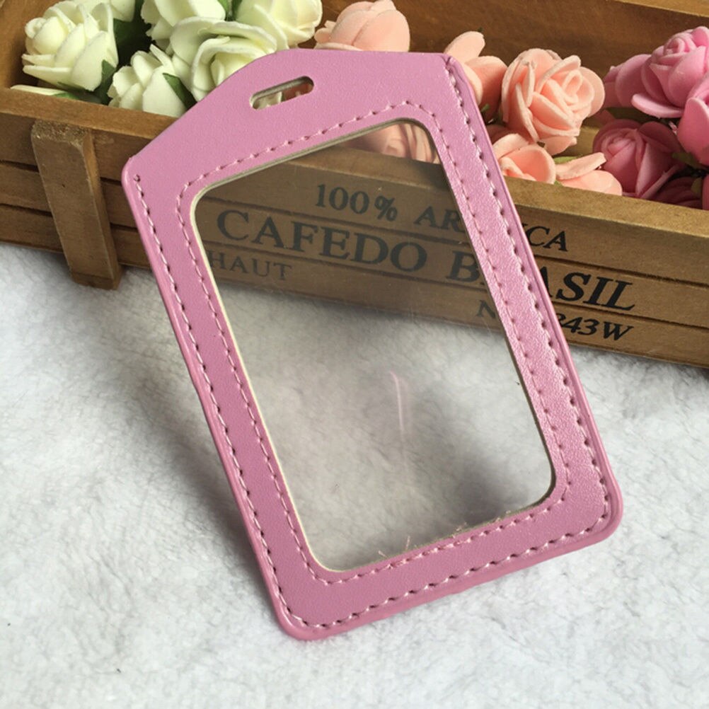 ID PU Leather Card Holders Horizontal Vertical Style Badge Case Clear with Color Border and Lanyard Holes School Stationery: Pink