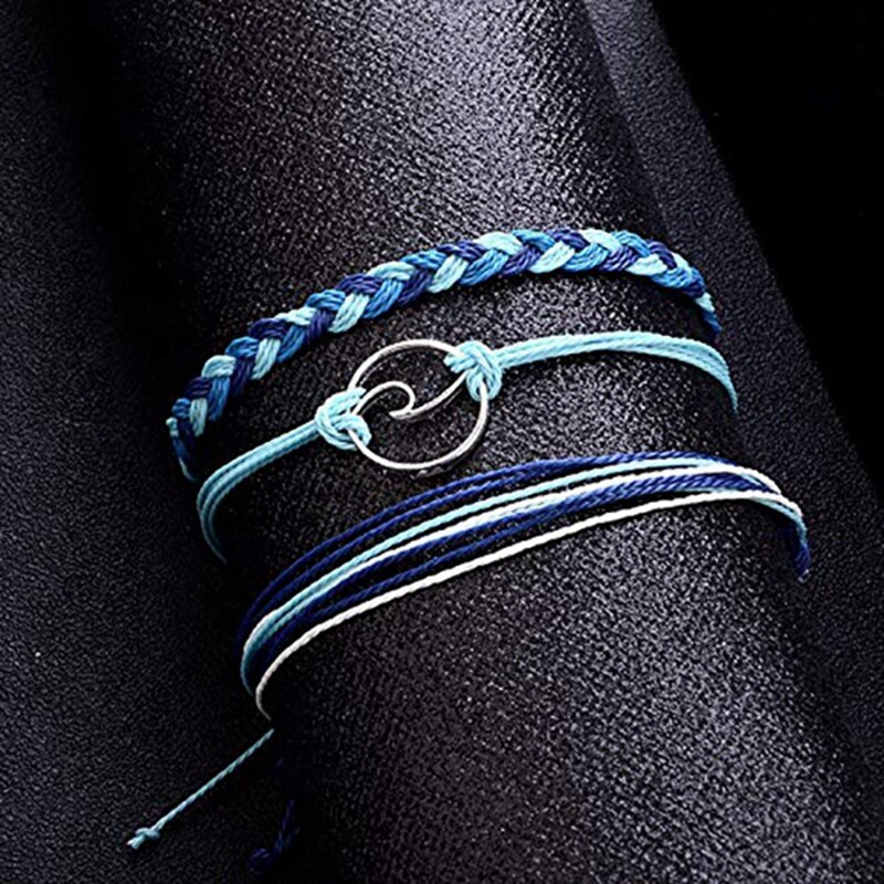 3 verstellbare freundschaftsarmbänder mit surferwellenmotiv und 5 blau-grüne strand-fußkettchen mit seilanhänger und wellenmotiv
