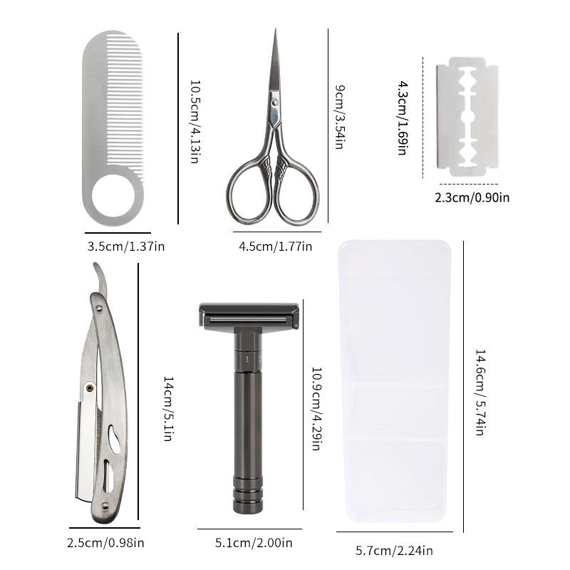 Un impostato di rasoi manuali vecchio stile per uomo, impostato di rasoi manuali tradizionali, inclusi rasoi a T, rasoi pieghevoli, piccole forbici, pettini, zoppo di ricambio e scatole di immagazzinaggio