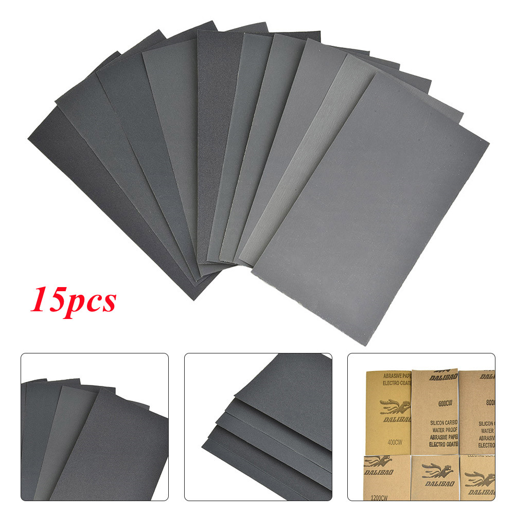15 pièces/ensemble papier de verre 400/600/3000/800/1000/1200/1500/2000/2500 grain papier de verre eau/sec papier de ponçage outils abrasifs: Marron