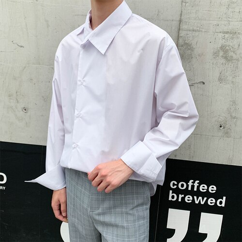 Novedad para hombre, camisa holgada informal a rayas con cuello torcido de manga larga, ropa de calle de Vintage para hombre, camisas para de Hip Hop: C257 white / XL