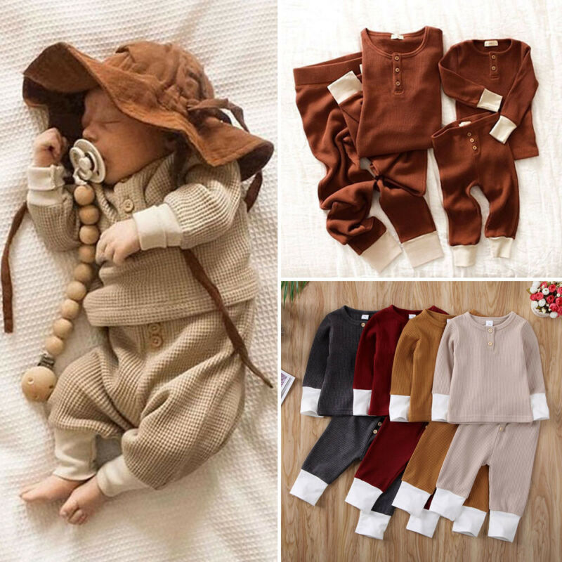 0-24M Newborn Clothes Outfits Toddler Baby Girl Boy Solid Color T-Shirt Tops Leggings Pants Knitted Baby Girls Boys Clothes Set