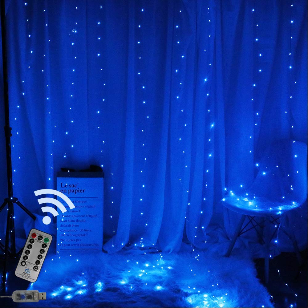 Rideau lumineux LED avec télécommande, 3x3M, USB, féerique, pour noël, nouvel an, extérieur, mariage, fête à domicile, décoration: Bleu / 3X3M 300LED