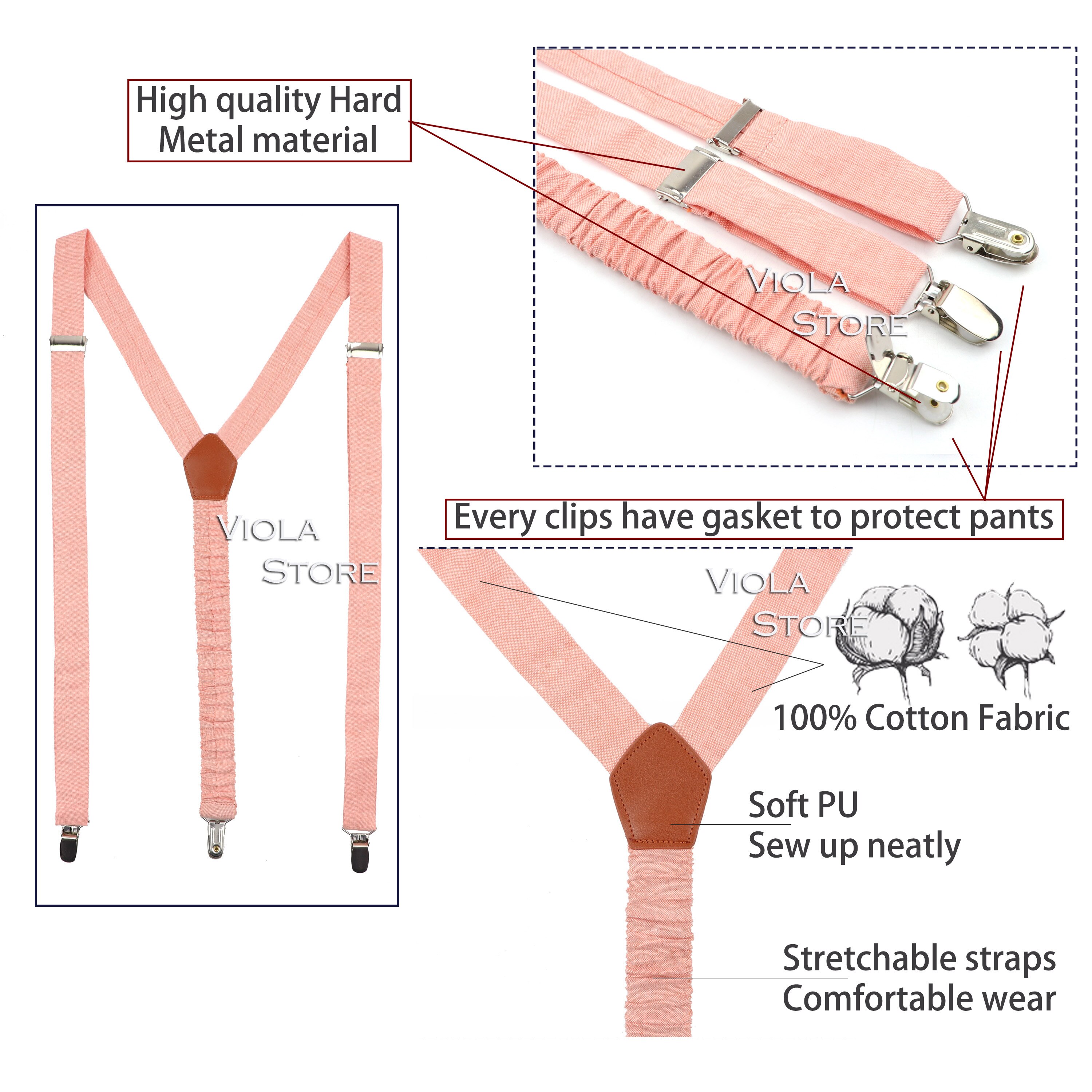 Peach Blue Lavender Solid Cotton 2.5cm Suspender Bowtie Sets Men Butterfly Braces Adjustable Straps Pants Wedding Accessory