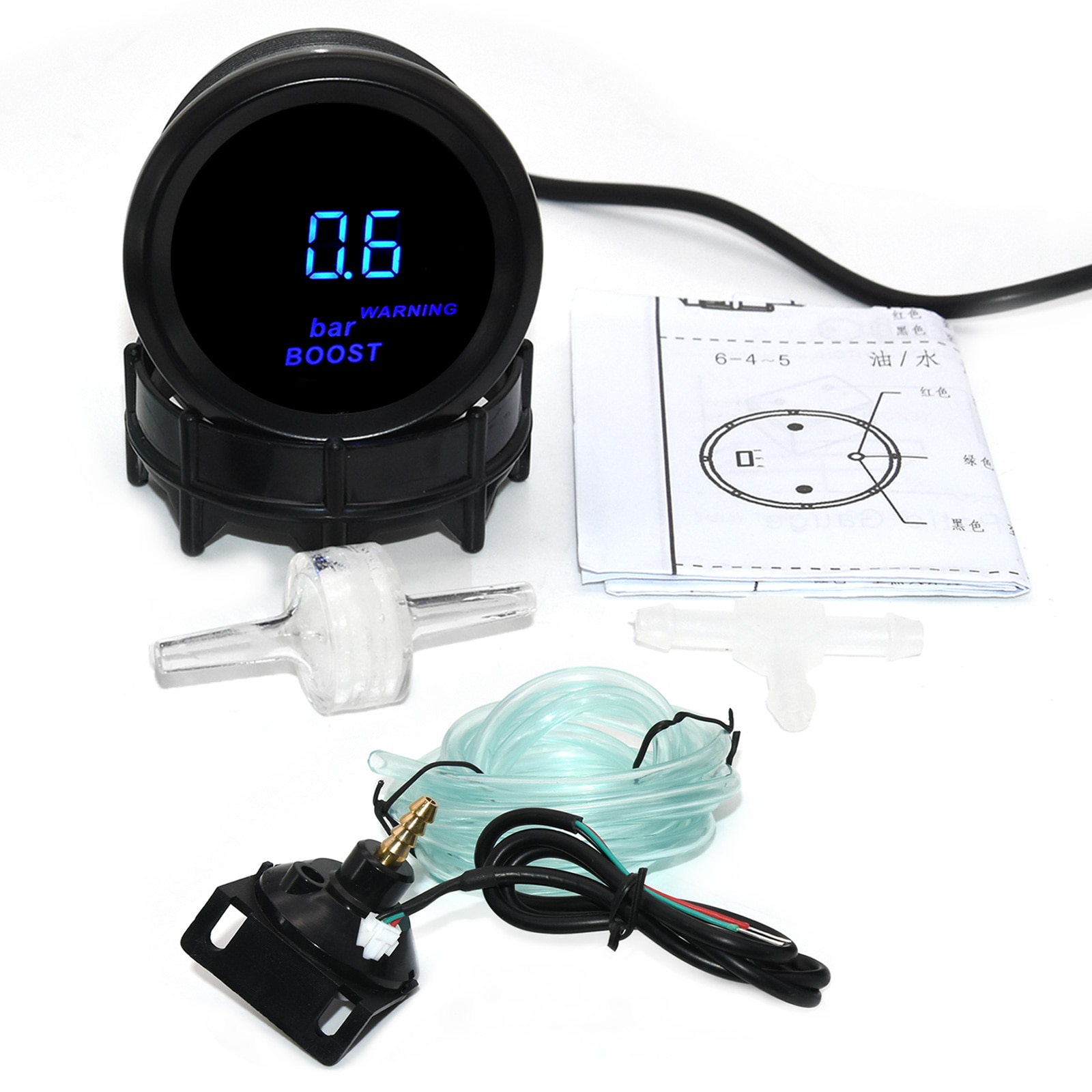 52mm Car Digital Tachometer Turbo Boost Gauge PSI BAR Water Temp Oil Temp Oil Pressure Gauge Voltmeter Rpm Meter Warning Light