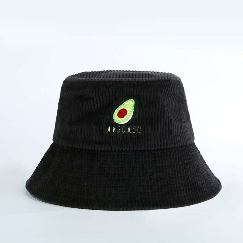 Japansk avokado broderi fiskerhatt kvinners høst vinter bøttehatter bob vill kordfløyel stor kant solhatt caps: Svart