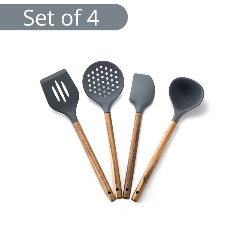 Silicone Cooking Utensil Set of 6, Nonstick Cooking Spatulas, Spoon, Strainer, Slotted Spoon, Pasta Fork, Best Kitchen Gadgets: Set of 4