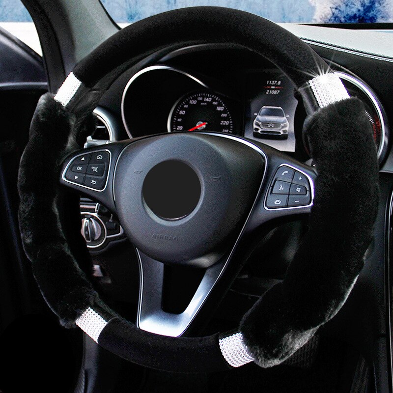 Housse de volant en fourrure hiver peluche diamants antidérapant poignée chaude couverture sur le volant housse de direction accessoires de voiture: Black
