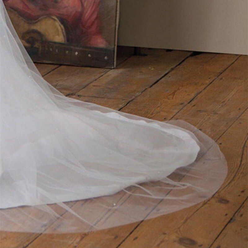 Voile de mariée blanc ivoire à bords coupés, 1 couche, longueur de valse, perles, avec peigne, dentelle nagerienne
