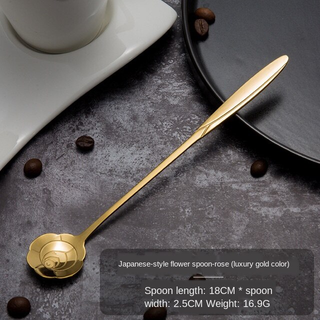 Flowers Gold Spoon Long Handle Dessert Tea Coffee Mixing Spoon Stainless Steel Vintage Teaspoons Drink Tableware 1PC: D