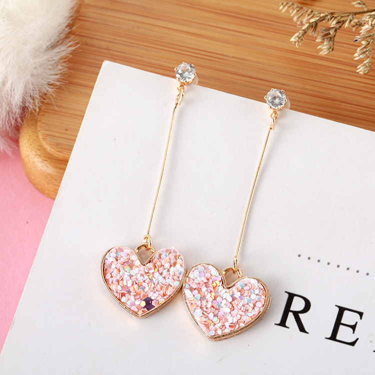 Korean Sweet Romantic Girl Pink Sequin Love Long Exquisite Pendant Earrings Temperament Wild Bride Earrings