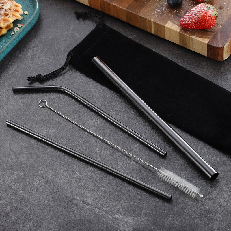 Bubble Tea Stainless Steel Straw Reusable Drinking Straws Set Curved Metal Straws Bag with Brush For Smoothies Juice Tea