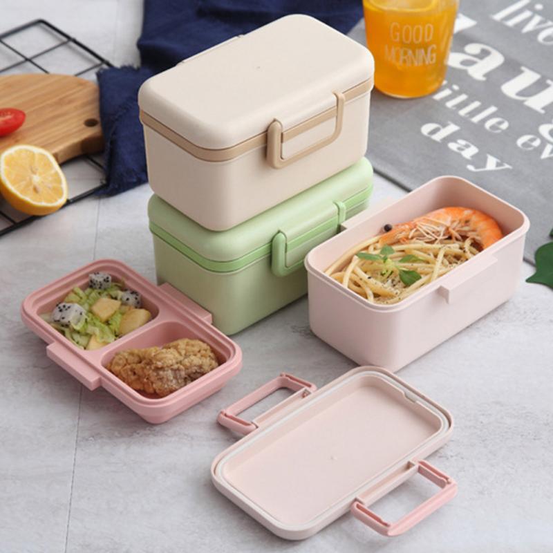 Twee Lagen Lunchbox Voor Kids School Bamboevezel Verzegelde Lekvrije Draagbare Voedsel Container Met Compartimenten Outdoor Camping
