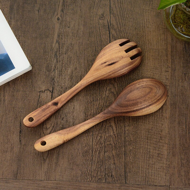 Houten Lepel Vork Set Grote Salade Opscheplepel Natuurlijke Hout Eetlepel Lange Steel Koken Lepel Servies Keuken Gebruiksvoorwerp