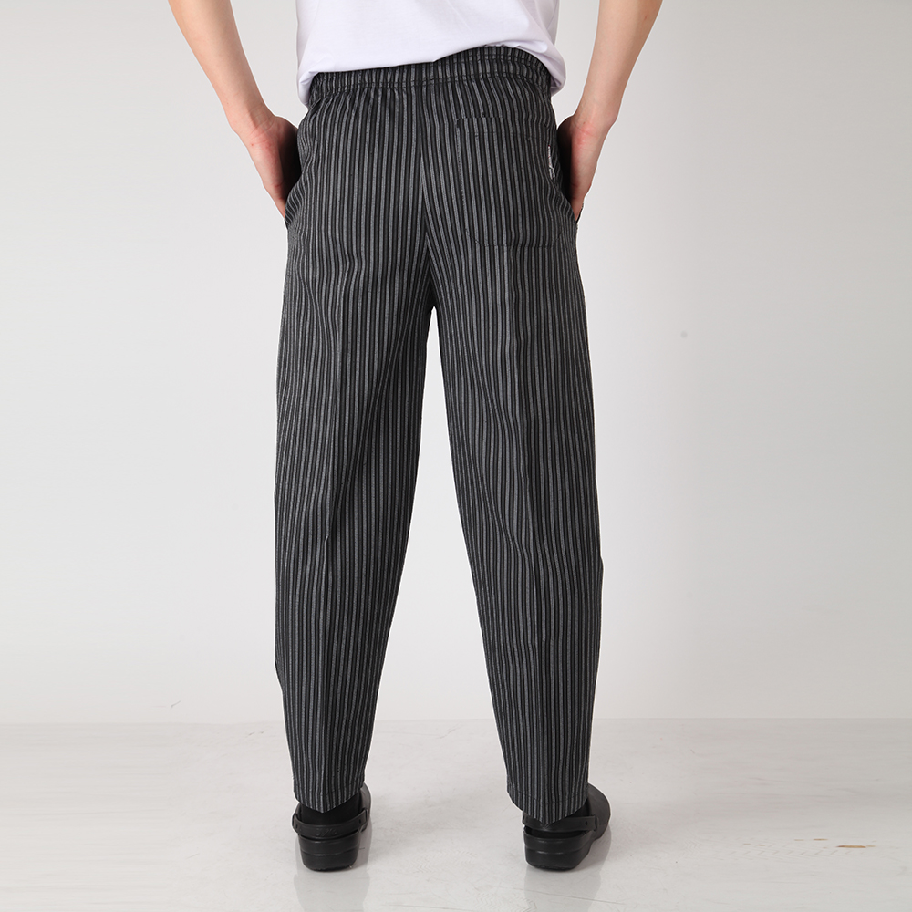 Men Stripe Chef Restaurant Kitchen Work Elastic Waistband Cozinha Hotel Food Service Working Pants Long Trousers with Pockets