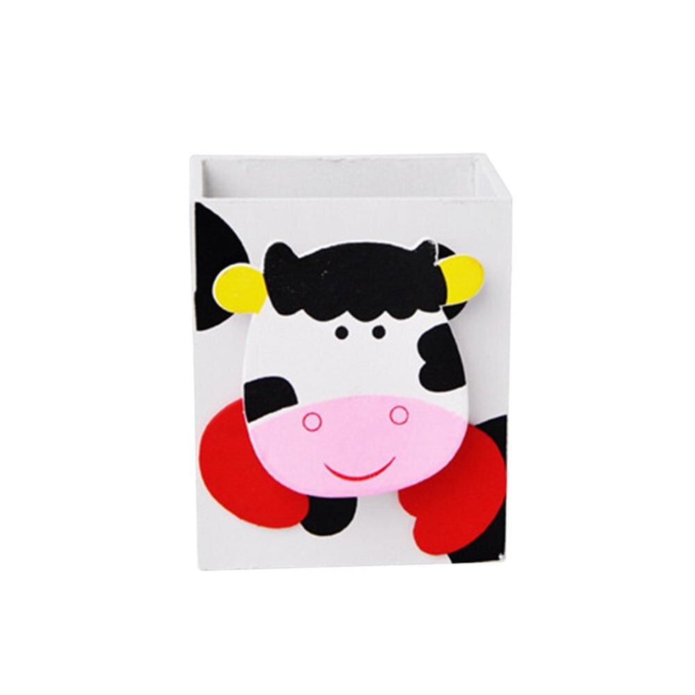 Wooden Pencil Holder Cartoon Pen Organizer Container Desktop Cute Stationery Desk Decoration For School Office Kids Children: White-Cow