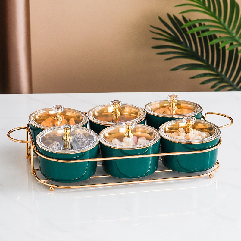 Nordic Ceramic Square Platter Snack Plate Dry Fruit Cake Plate Fruit Plate Divided Iron 2/3/4/6 Grid Nut Pastry Bowl: dark green 6