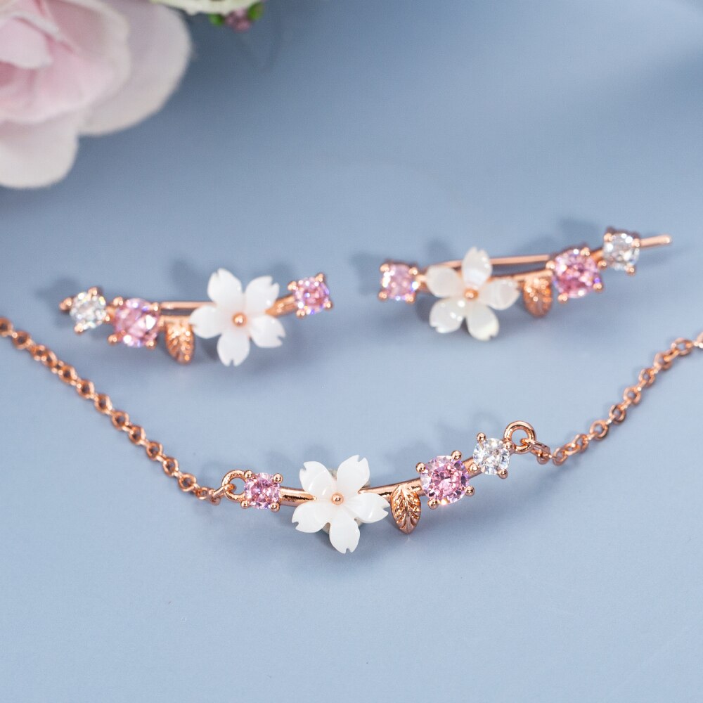 Hochzeit Braut Zirkonia Schmuck setzt Für Frauen Romantische Hülse Blume Halsband Elegante Perle Halsketten Ohrringe Schmuckstück