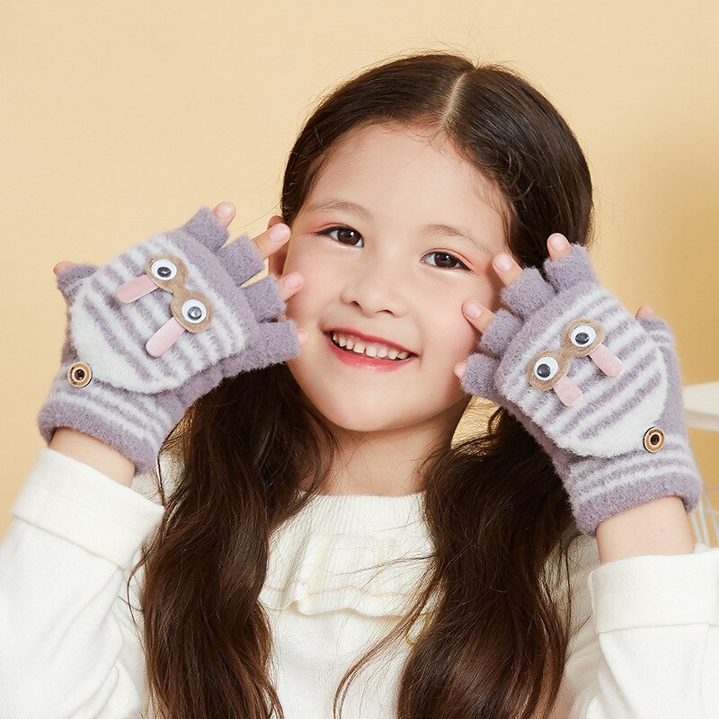 Balleenshiny Kinderen Handschoenen Kids Wanten Winter Plus Fluwelen Warme Tas Vinger Cartoon Gestreepte Half Vinger Gebreide Handschoenen